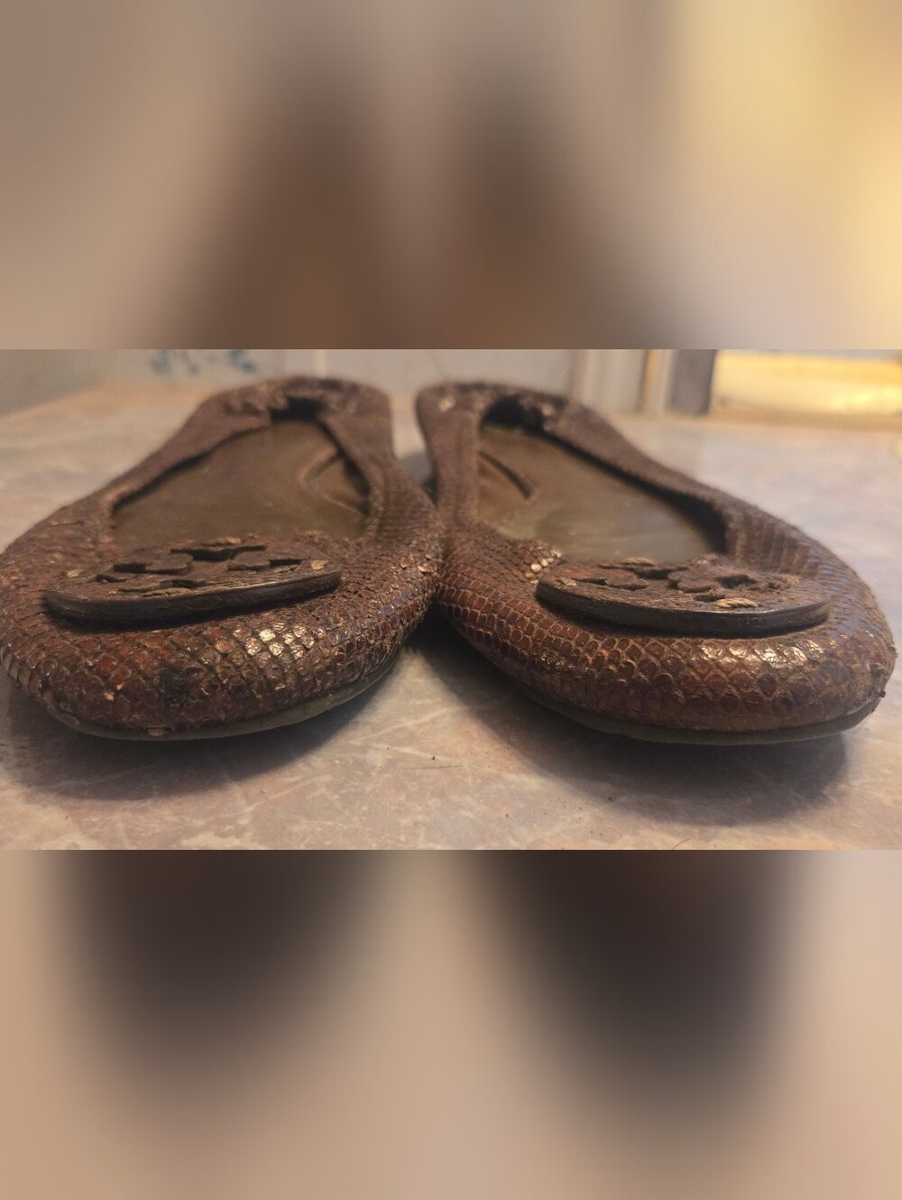 Tory Burch Brown Snakeskin-Effect Elastic-Back Ballet Flats - Picture 2 of 6